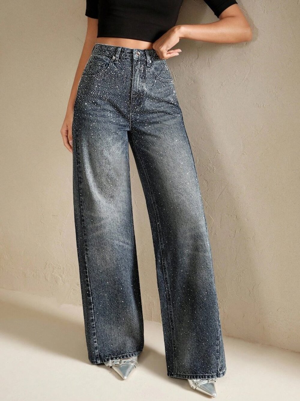 Rhinestone Sparkle Sparkly Medium Dark Wash Statement Wide Leg Denim Jeans